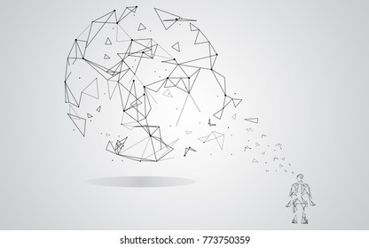 Man integrates into the global network using artificial intelligence isolated on gray background.  For web site, wallpaper, poster, placard and cover. Creative art, modern abstract concept