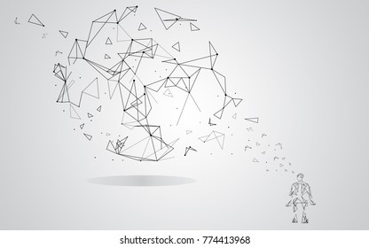 Man integrates into the global network using artificial intelligence isolated on gray background.  For web site, wallpaper, poster, placard and cover. Creative art, modern abstract concept