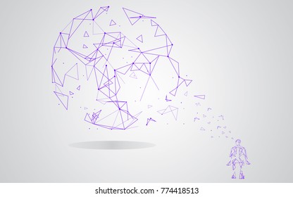Man integrates into the global network using artificial intelligence isolated on gray background.  For web site, wallpaper, poster, placard and cover. Creative art, modern abstract concept