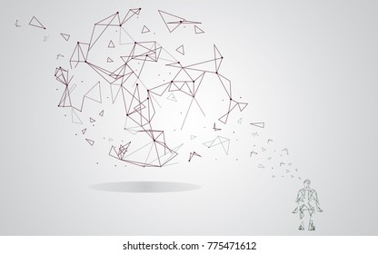 Man integrates into the global network using artificial intelligence isolated on gray background.  For web site, wallpaper, poster, placard and cover. Creative art, modern abstract concept