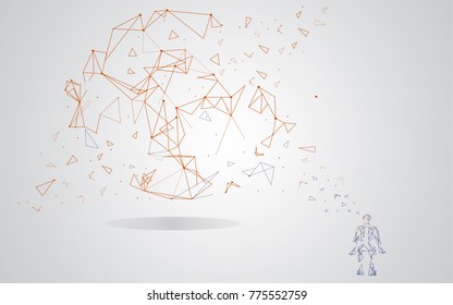 Man integrates into the global network using artificial intelligence isolated on gray background.  For web site, wallpaper, poster, placard and cover. Creative art, modern abstract concept