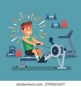 A man is intensely working out on a rowing machine, showing strain and effort.
