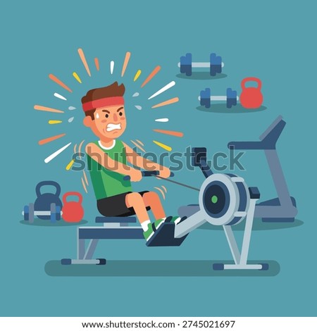 A man is intensely working out on a rowing machine, showing strain and effort.