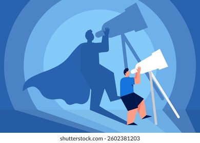 A man intently observes through a telescope, his shadow creating a striking superhero silhouette, symbolizing exploration and imagination.