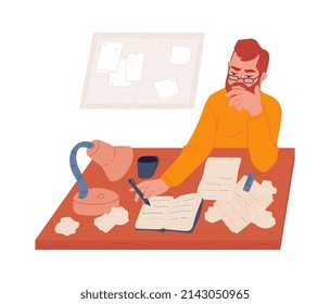 The man is intently reading a book, making notes. A writer at work. A flat cartoon illustration isolated on a white background.