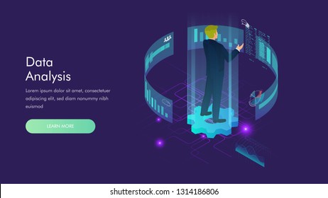 Man interacting with charts and analyzing statistics. Data visualization concept. 3d isometric vector illustration. 