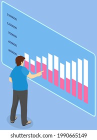 Man interacting with diagrams, analyzing statistics, infographic information on presentation board with digital screen with charts and grows indicators. Data visualization business statistics concept