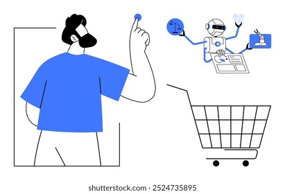 Homem interagindo com robô mundo digital analisando gráficos e usando vários gadgets on-line carrinho de compras. Ideal para a automação de tecnologia de comércio eletrônico online tendências inovação de marketing digital