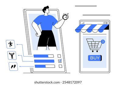Hombre interactuando con el App de seguimiento de fitness en un teléfono y haciendo una compra en otro teléfono con el ícono del Carrito de compras. Ideal para fitness, comercio electrónico, aplicaciones móviles, estilo de vida, digital