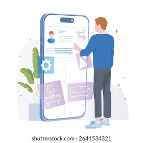 A man interacting with a giant smartphone interface showing settings, media, and shopping icons, in flat style on a white background. Concept of digital commerce. Vector illustration
