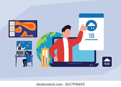 man interacting with a laptop displaying weather information, a globe, and other data visualizations