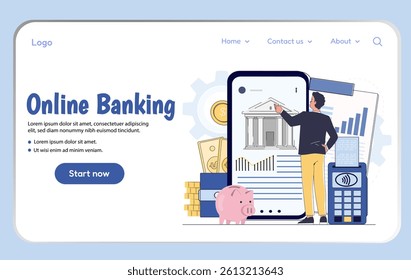 Man interacting with large smartphone displaying banking app interface, surrounded by financial icons, on white background. Concept of digital finance. Vector illustration