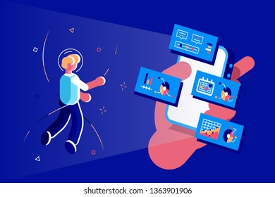 Man interacting with phone vector illustration. Male hand holding modern smartphone with open business apps with graphics and charts flat style concept. Creative network information process diagram