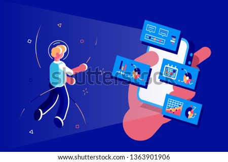 Man interacting with phone vector illustration. Male hand holding modern smartphone with open business apps with graphics and charts flat style concept. Creative network information process diagram