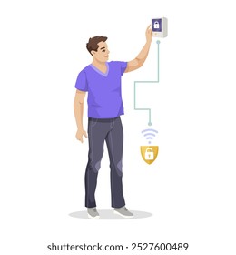Hombre interactuando con un sistema de seguridad inteligente para el hogar. Ilustración vectorial
