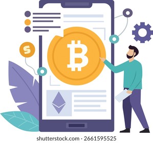 Hombre que interactúa con un teléfono inteligente que muestra Bitcoin y otras criptomonedas, conectado por una red, con hojas en el fondo.