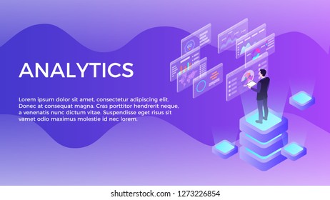 Man interacting with virtual charts and analyzing statistics. Data visualization concept. Landing page template. 3d vector isometric illustration. Can be used for web banner, infographics, hero images