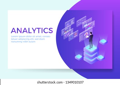 Man interacting with virtual charts and analyzing statistics. Data visualization concept. Landing page template. 3d vector isometric illustration. Can be used for web banner, infographics, hero images