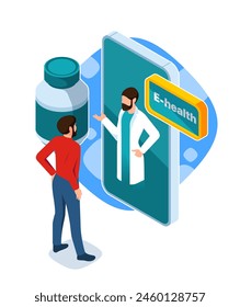 Man interacting with a virtual doctor on a large smartphone screen, concept of e-health. Vector illustration isolated on white background