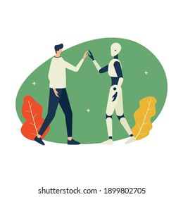 Man interaction with robot flat illustration