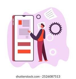 Un hombre interactúa con un Grande teléfono inteligente, rodeado de engranajes y documentos digitales, en una Ilustración vectorial plana.