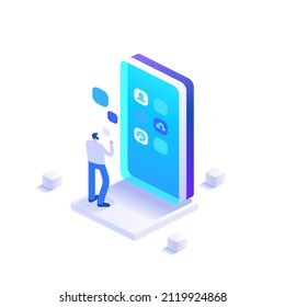Man interacts with mobile application interface. Developer creates programs and making UI UX design, optimizes layout. Man settings and using smartphone. Vector illustration in isometric view design
