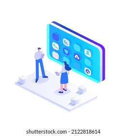 Man interacts with mobile application interface. Developer creates programs and making UI UX design, optimizes layout. Man settings and using smartphone. Vector illustration in isometric view design