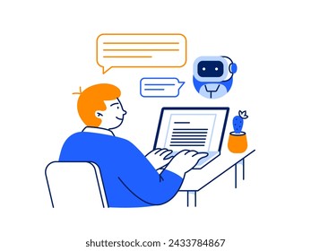 A man interacts with an online chatbot. AI assistant helps with productivity work and study. Vector flat illustration isolated on a white background.