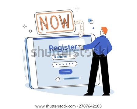 Man interacts with a registration form on a tablet vector illustration. Online signup, user interface, account creation, digital membership, web service, call to action. Person pointing at a device