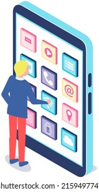 Man interacts with screen digital device presses app button on smartphone. Mobile phone, tablet with interface. Concept of business assistance. Interactive touch screen with application, phone service