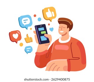 Man interacts with smartphone displaying social media networks. User chats online and browses events and news