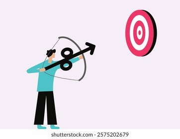 A man with interest rate arrow and bow trying to achieve goal illustration