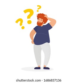 Man is interested in the question. He scratches his head with his hand and thinks about solving a problem. Question mark. Modern vector illustration.