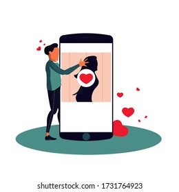A man interested while seeing a beautiful woman on a big screen phone, vector illustration people with big phone 