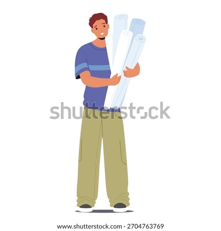 Man interior designer carrying drafting papers, blueprints scrolls standing isolated on white background. Professional decorator providing traditional detailed design planning vector illustration