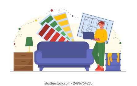 Man interior designer. Young guy with laptop selects color palettes and furniture. Creativity and art. Freelancer makes money on Internet. Renovation and repair. Flat vector illustration