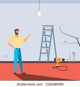 man in interior of house under construction vector illustration design
