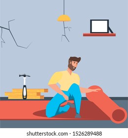 man in interior of house under construction vector illustration design