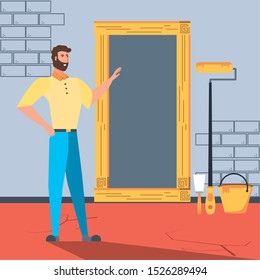 man in interior of house under construction vector illustration design