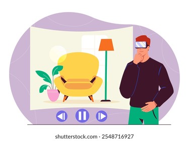 Man with interior vr. Young guy in virtual reality glasses chooses yellow chair. Futuristic and modern technologies. Interior designer. Flat vector illustration isolated on white background