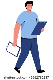 Hombre entrevistador caminando y sosteniendo el Portapapeles. Profesional que lleva el documento para la presentación del negocio. Concepto de planificación, Encuesta, informe y organización.