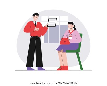 A man is interviewing a female applicant for a job, formal conversation. Character design. Vector flat illustration
