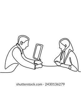 Man interviewing woman in continuous one line art drawing. Business job career vector illustration editable stroke.