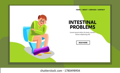 Hombre Con Problemas Intestinales Sentado Vector De Aseo. La Cara Dolorosa Y Madura Del Niño Tiene Problemas Intestinales En La Sala De Restauración. Carácter Con Ache Estómago O Síntoma De Estómago O Ilustración De Dibujo Plano De La Web