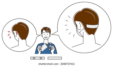 A man introducing a mask strap. What to do when the elastic band of your mask hurts the back of your ears. Illustration Vector 