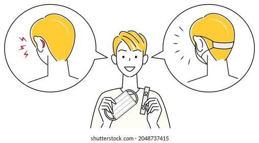Un hombre presenta una correa de máscara. Qué hacer cuando la banda elástica de tu máscara hiera la parte posterior de tus oídos. Vector de ilustración 