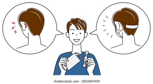 Un hombre presenta una correa de máscara. Qué hacer cuando la banda elástica de tu máscara hiera la parte posterior de tus oídos. Vector de ilustración 