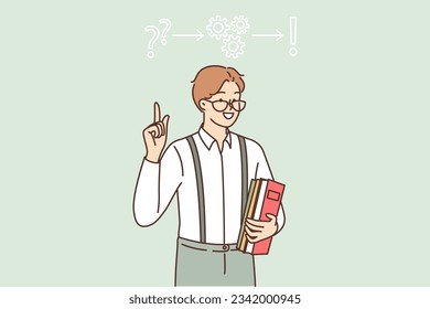 Man inventor invented solution to business problem points finger at gears with question and exclamation marks. Inventor guy with books in hands announces new idea to improve productivity