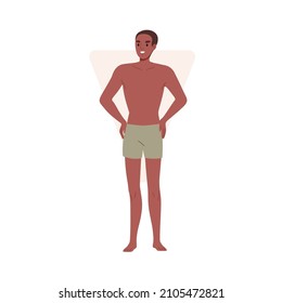 Man with inverted triangle body shape. Happy African-American male in trunks with wide shoulders figure type. Slender slim model in underwear. Flat vector illustration isolated on white background