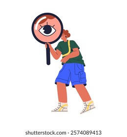 Man investigate with big magnifier stationery tool. Vector curious person with big eye, holding in hands giant magnifying glass or loupe and looking far ahead. Faq question and inquiry, seo research